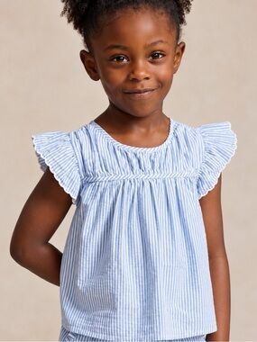 Polo Ralph Lauren Girls 8 Blue White Striped Seersucker Flutter Sleeve Top NWT